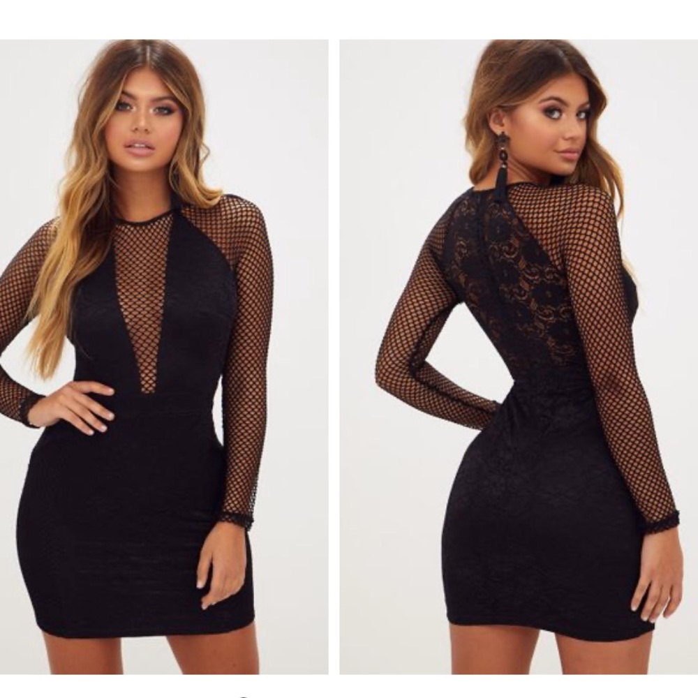 PLT black Long Sleeved Panelled Lace Bodycon Dress